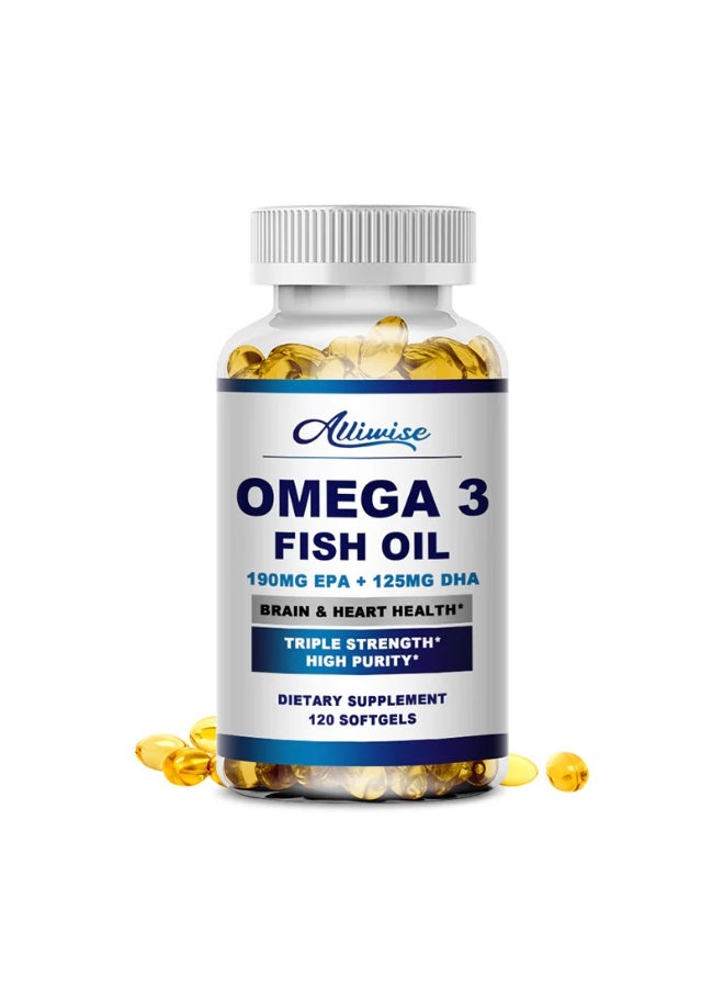 ألي وايز أوميغا 3 زيت السمك – 120 كبسولة طرية – تركيبة قوية تحتوي على 190 مجم EPA و125 مجم DHA – لدعم صحة القلب والدماغ والمفاصل – نقاء عالٍ بدون طعم السمك - Image 1