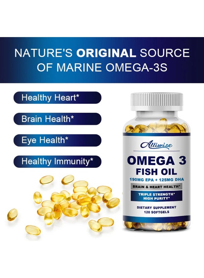 ألي وايز أوميغا 3 زيت السمك – 120 كبسولة طرية – تركيبة قوية تحتوي على 190 مجم EPA و125 مجم DHA – لدعم صحة القلب والدماغ والمفاصل – نقاء عالٍ بدون طعم السمك - Image 3