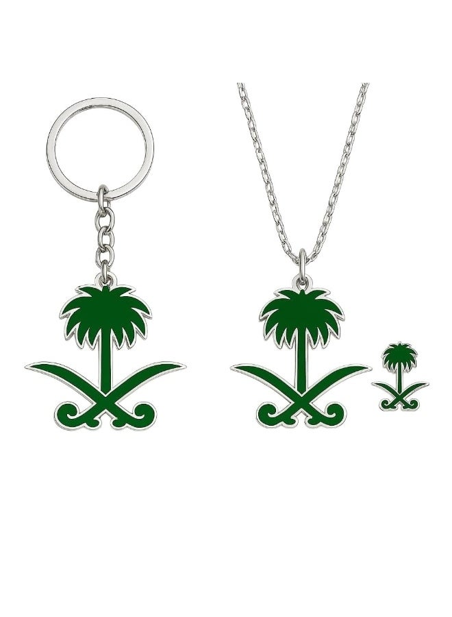 Saudi National Day Gift Set – Palm Tree & Swords Emblem Keychain, Necklace Pendant & Brooch – Premium Silver Tone with Green Enamel, National Pride Souvenir for Men & Women - Image 1