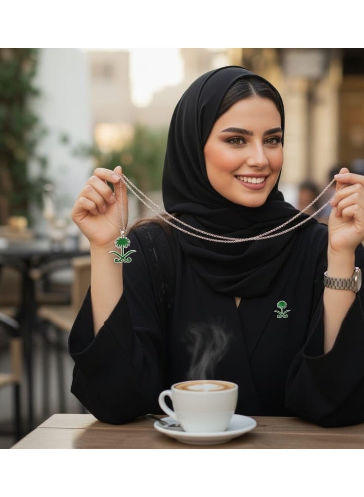 Saudi National Day Gift Set – Palm Tree & Swords Emblem Keychain, Necklace Pendant & Brooch – Premium Silver Tone with Green Enamel, National Pride Souvenir for Men & Women - Image 5