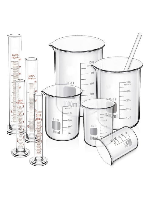 10pcs Glass Measuring Beaker Graduated Measuring Cylinder with Stirring Rod 50100 250500 1000 ml Thick Glass Beakers and 510 50100 ml Graduated Cylinders for Science Lab Experiment Kit 01