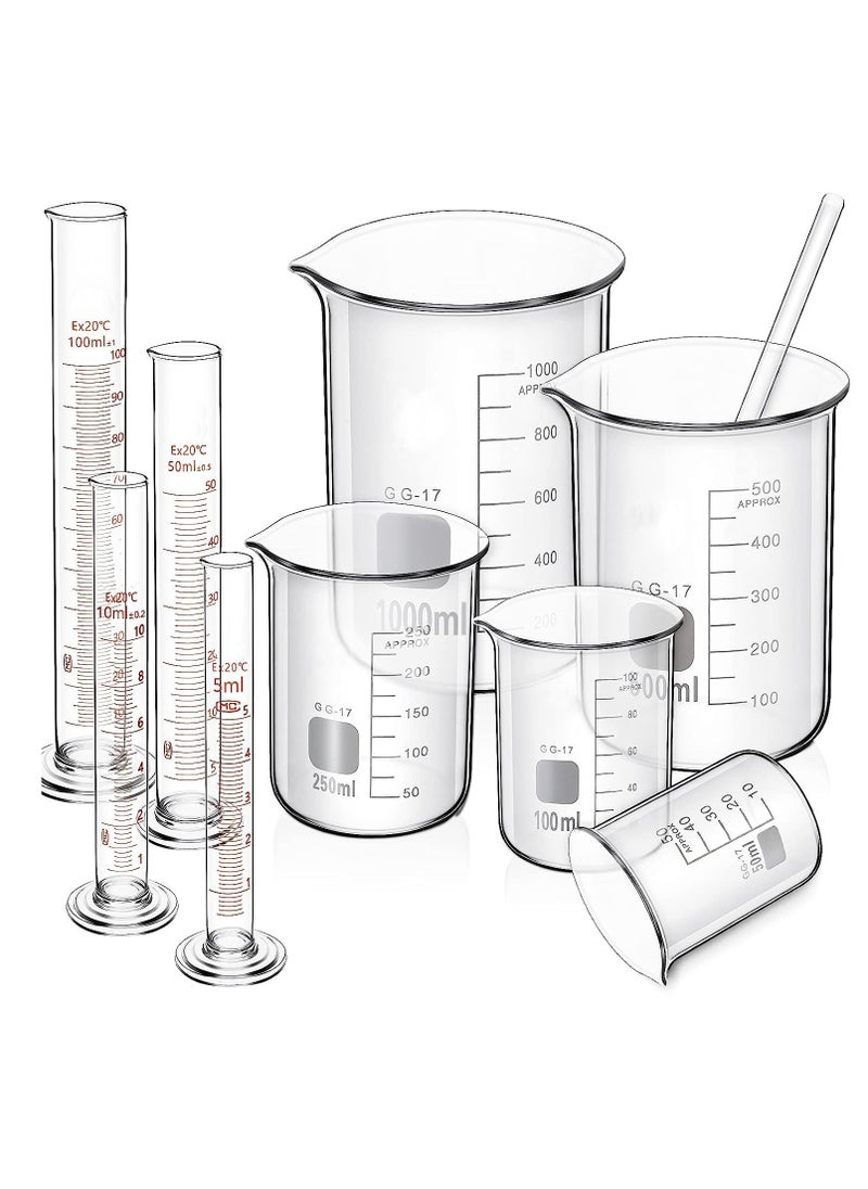 SYOSI - 10pcs Glass Measuring Beaker Graduated Measuring Cylinder with Stirring Rod 50100 250500 1000 ml Thick Glass Beakers and 510 50100 ml Graduated Cylinders for Science Lab Experiment Kit 01 - Image 1