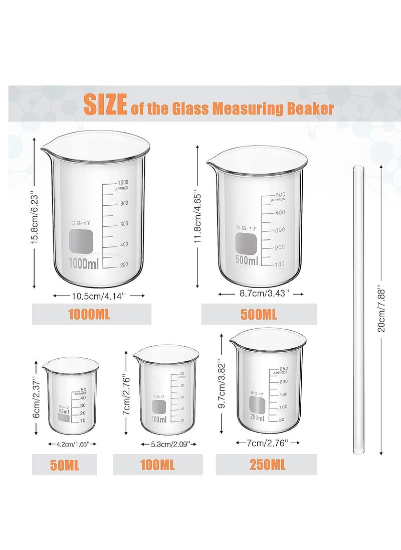 SYOSI - 10pcs Glass Measuring Beaker Graduated Measuring Cylinder with Stirring Rod 50100 250500 1000 ml Thick Glass Beakers and 510 50100 ml Graduated Cylinders for Science Lab Experiment Kit 01 - Image 1