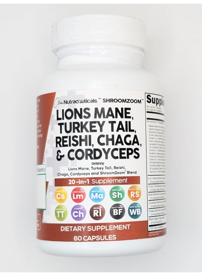 Clean Nutraceuticals Lions Mane 3000mg 20in1 Mushroom Supplement with Turkey Tail 2000mg Reishi 1000mg Cordyceps Chaga 1000mg Maitake Meshima Poria Cocos Shiitake Oyster Porcini Enoki - Image 5