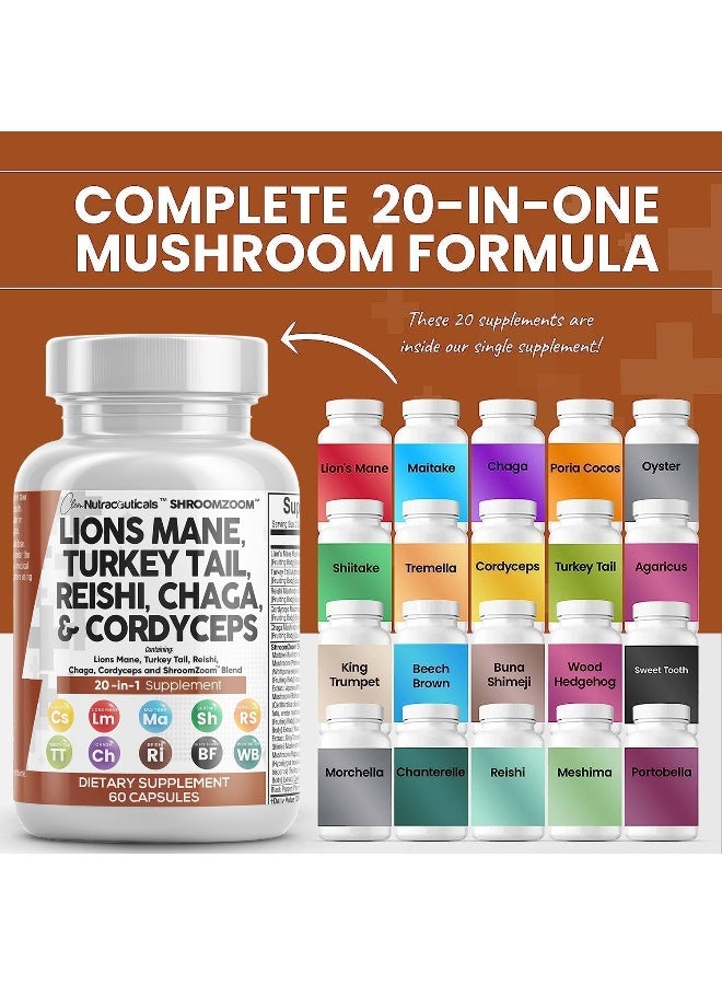 Clean Nutraceuticals Lions Mane 3000mg 20in1 Mushroom Supplement with Turkey Tail 2000mg Reishi 1000mg Cordyceps Chaga 1000mg Maitake Meshima Poria Cocos Shiitake Oyster Porcini Enoki - Image 2