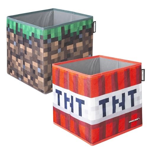 Phoenix group AG Minecraft: Fabric Storage Boxes: 2pc - TNT & Grass Block - 10" Collapsible Square Cubes, Toys-Games-Clothes Organization, Game Theme Decor, Licensed - Image 1