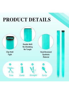 SOFEIYAN 10 Pcs Colored Hair Extensions Party Highlights Colorful Clip in Hair Extensions 22 Inch Straight Synthetic Hairpieces for Women Kids Girls Halloween Christmas Cosplay, 10pcs Teal Blue  - Image 3