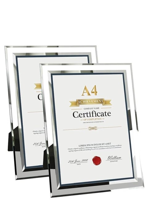 2 packs silver A4 picture frame, certificate holder, glass, diploma sea newspaper shelf, desktop photo display shelf