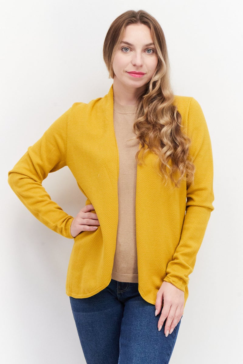 Zero Women Split Neck Long Sleeve Textured Open Front Cardigan, Yellow - Image 1
