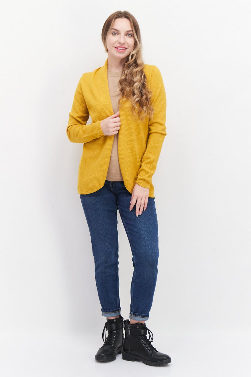 Zero Women Split Neck Long Sleeve Textured Open Front Cardigan, Yellow - Image 2