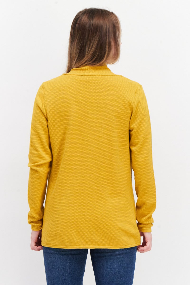 Zero Women Split Neck Long Sleeve Textured Open Front Cardigan, Yellow - Image 3