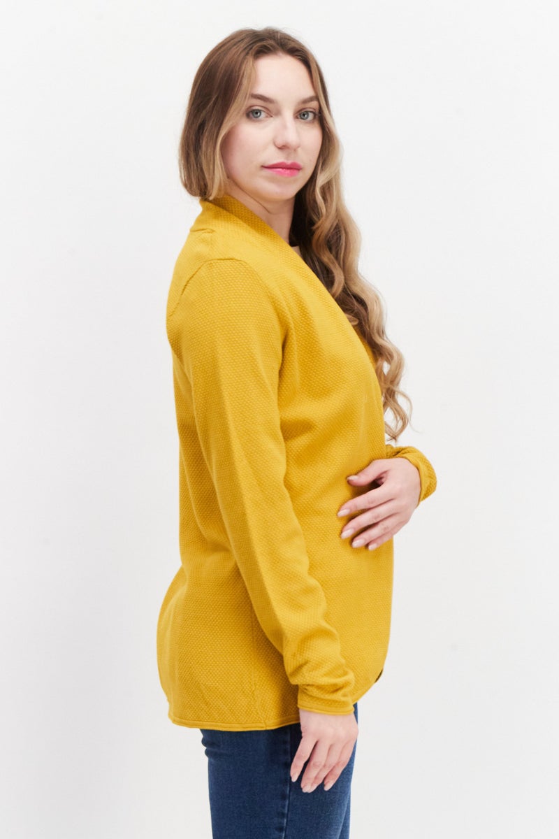 Zero Women Split Neck Long Sleeve Textured Open Front Cardigan, Yellow - Image 4