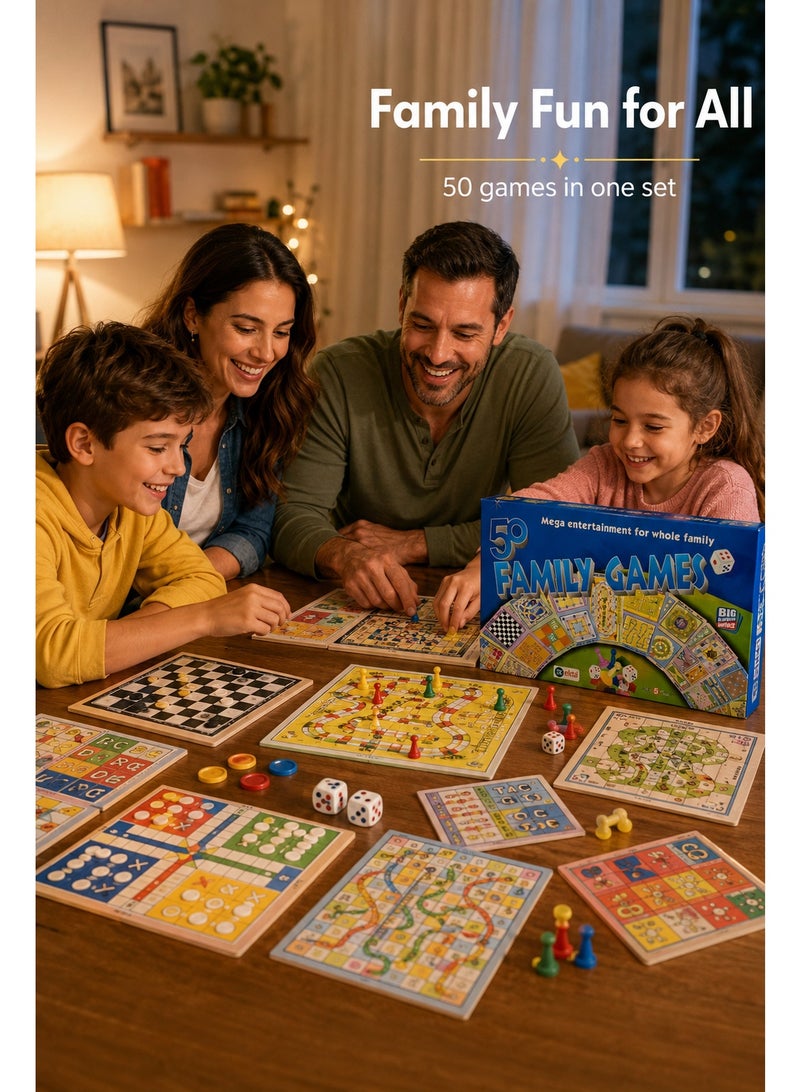 مجموعة ألعاب عائلية 50 لعبة، صندوق ترفيهي للأطفال من عمر 5 سنوات، ألعاب لوحية كلاسيكية مع ألواح ونرد وقطع لعب للمنزل والسفر وليالي العائلة - Image 3