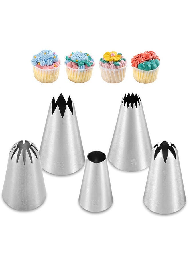 5Pcs/Set Large Piping Tips Set, Stainless Steel Frosting Piping Kit, Pastry Cake Decorating Tips Baking Tools For Cookies Cupcake Decorating Kit (1E 347 FX-4B 1732 607) - Image 1
