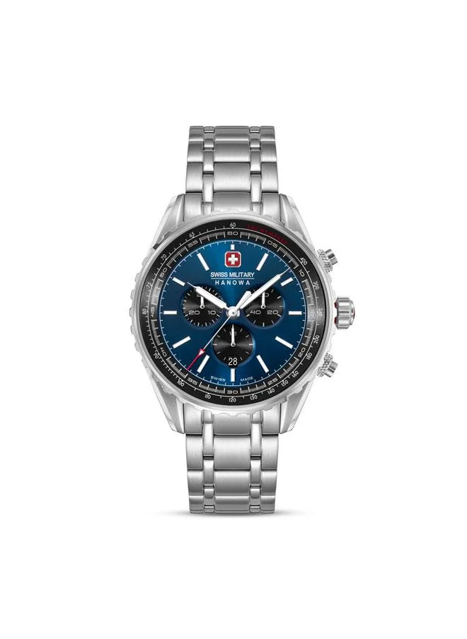 SWISS MILITARY HANOWA Afterburn Chrono 44mm Men's Watch with Blue-Black Dial & Stainless Steel Bracelet