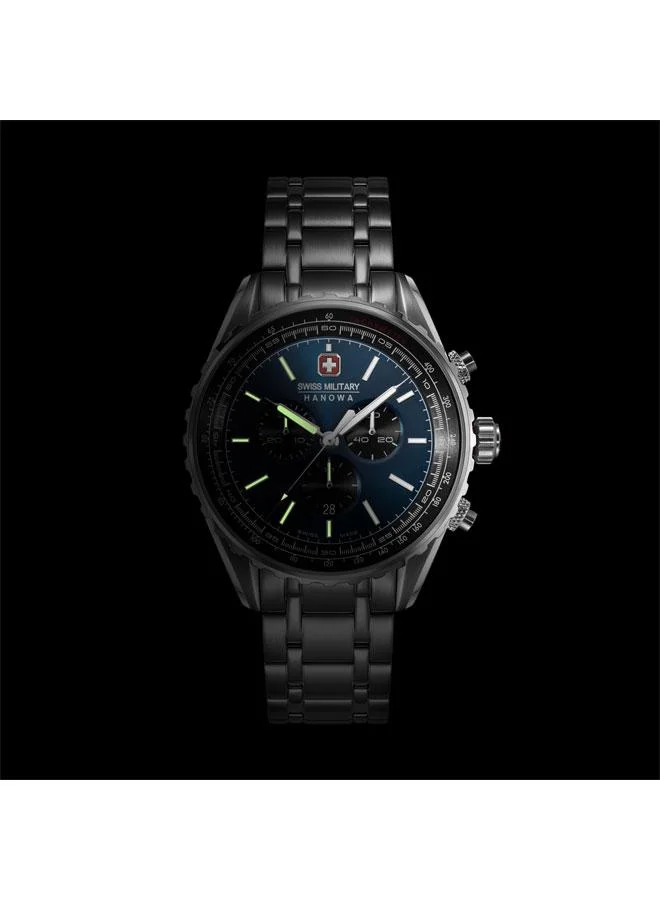 SWISS MILITARY HANOWA Afterburn Chrono 44mm Men's Watch with Blue-Black Dial & Stainless Steel Bracelet
