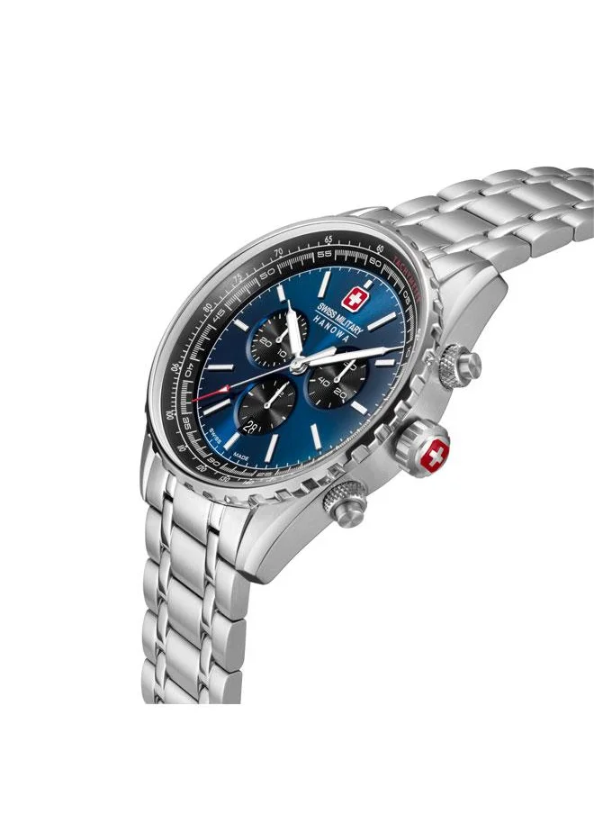 SWISS MILITARY HANOWA Afterburn Chrono 44mm Men's Watch with Blue-Black Dial & Stainless Steel Bracelet