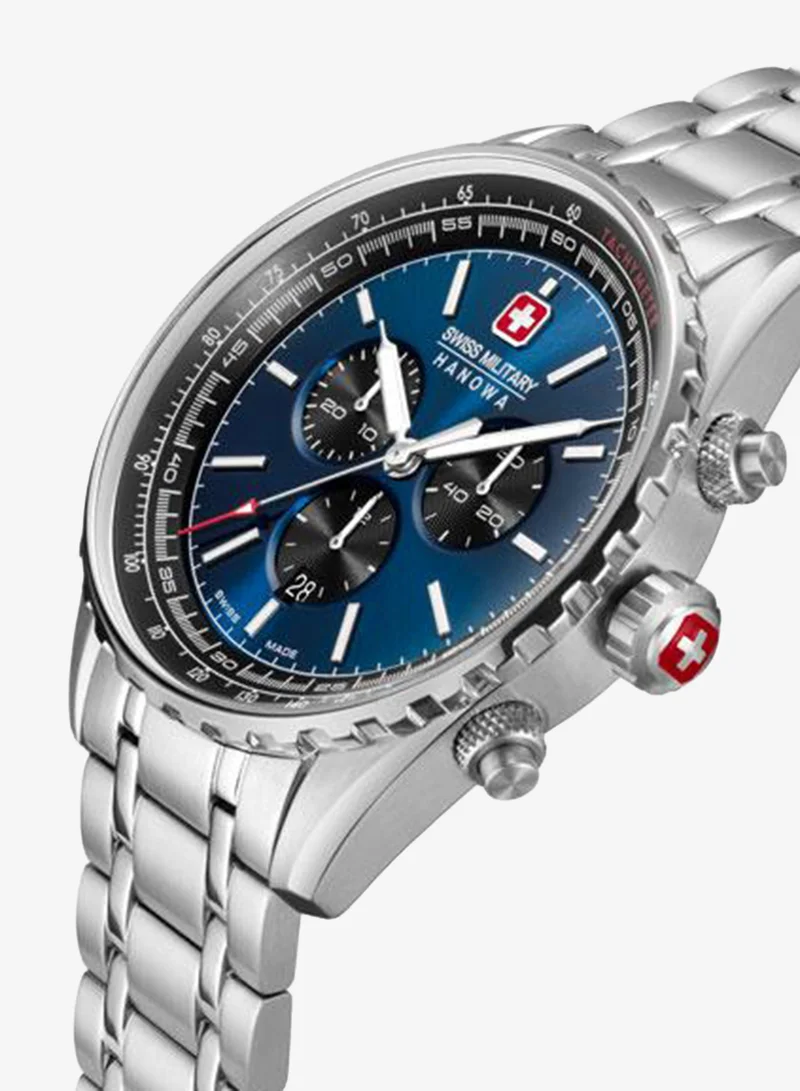 SWISS MILITARY HANOWA Afterburn Chrono 44mm Men's Watch with Blue-Black Dial & Stainless Steel Bracelet