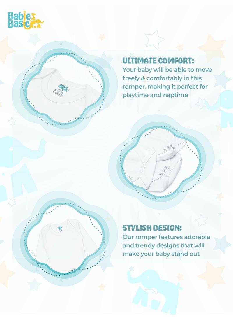 Babies Basic 100% Super Combed Cotton, Long Sleeves Romper/Bodysuit, For New Born To 24Months, Set Of 6 - White  - Image 3