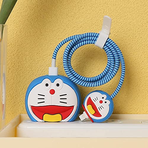 PunnkFunnk Cute Cartoon Protective Case for iPhone 18W & 20W USB-C Adapter Charger Cable, Unique Design Funny 3D Cartoon Charger Cover Cable Protector for iPhone Fast Charger (Doremon) Blue - Image 3