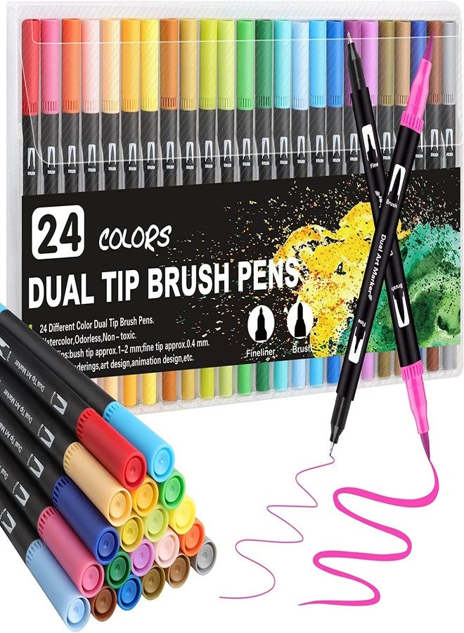 Corslet 24 Colors Dual Tip Colored Brush Pens Art Marker Set Fine Point Calligraphy Markers for Artists Pen Set Journal Pens for Adult Coloring Books Markers Set (Set of 24) - Image 1