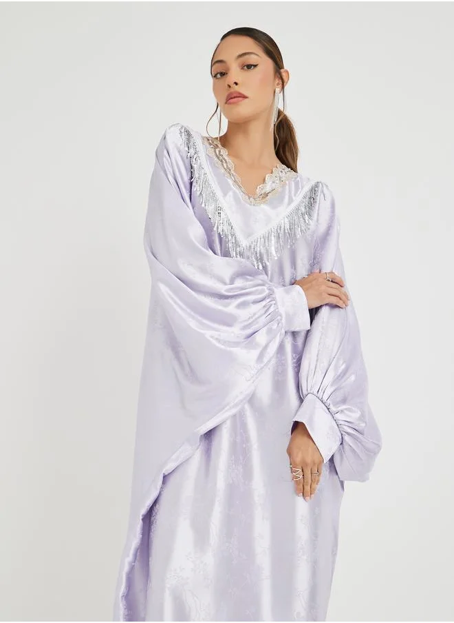 Styli Styli Embellished Neck Jacquard Batwing Sleeves Kaftan