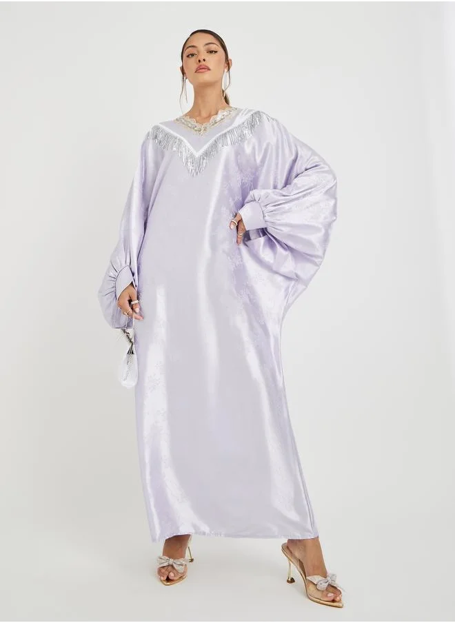 Styli Styli Embellished Neck Jacquard Batwing Sleeves Kaftan