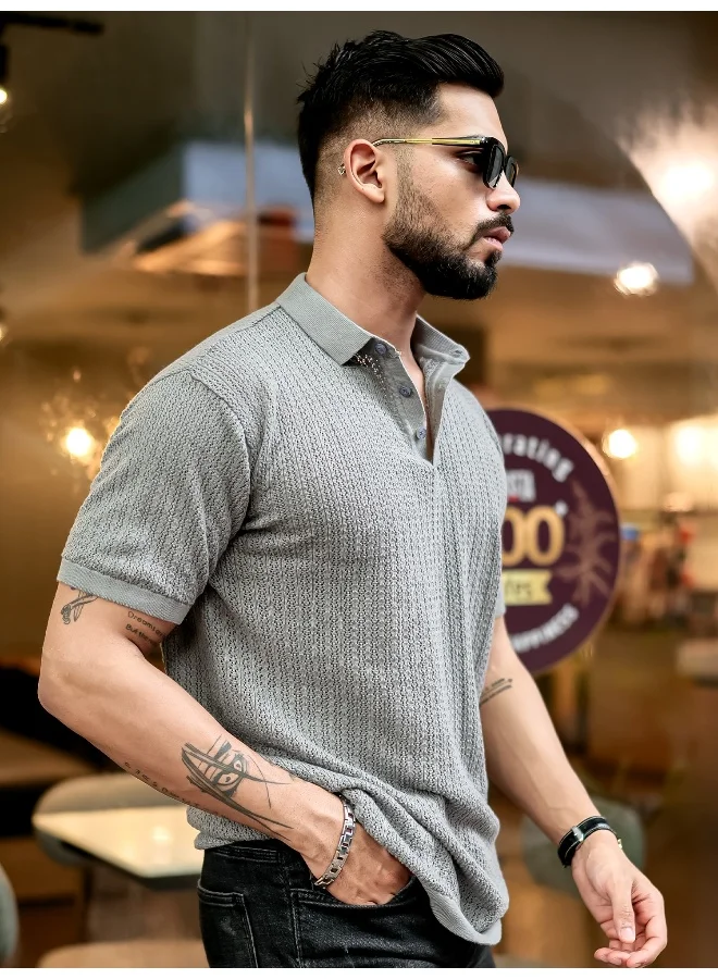 Maniac Maniac Men Textured FlatKnit Grey Cotton Slim Fit T-Shirt