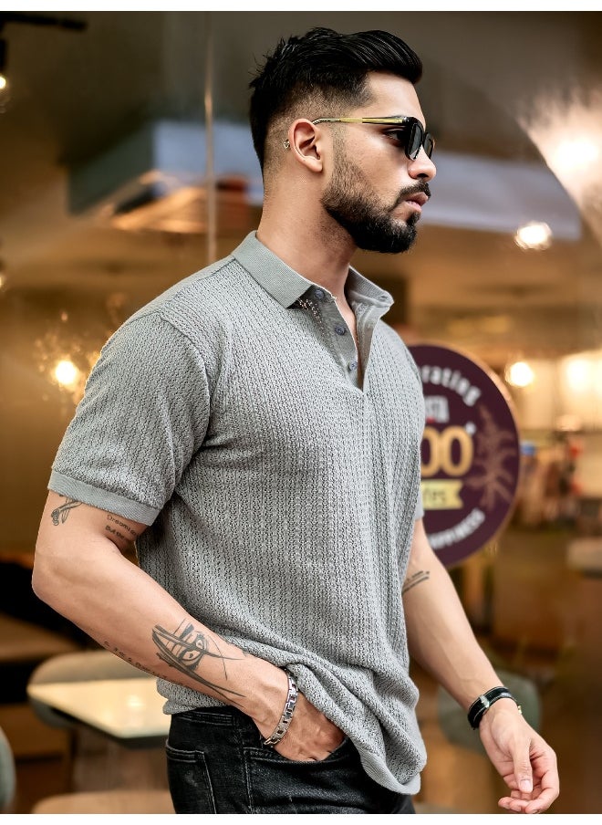 Maniac - Maniac Men Textured FlatKnit Grey Cotton Slim Fit T-Shirt - Image 1