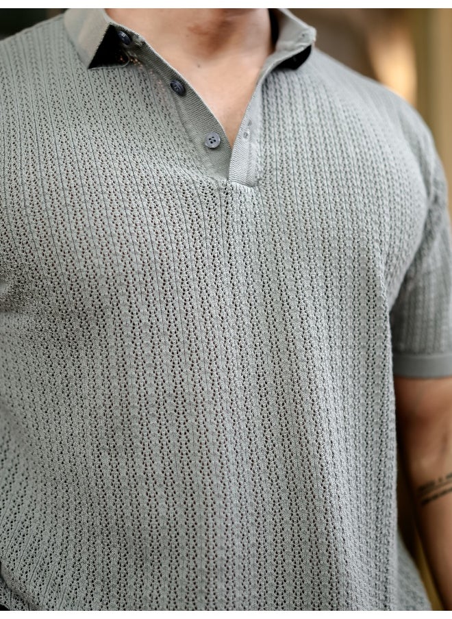 Maniac - Maniac Men Textured FlatKnit Grey Cotton Slim Fit T-Shirt - Image 1