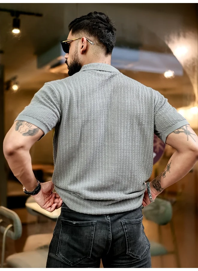 Maniac Maniac Men Textured FlatKnit Grey Cotton Slim Fit T-Shirt