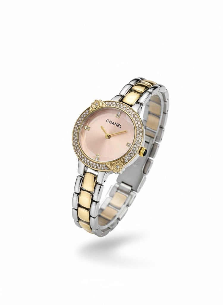 Chanel Women’s Two-Tone Stainless Steel Watch with Pink Dial and Crystal Bezel
