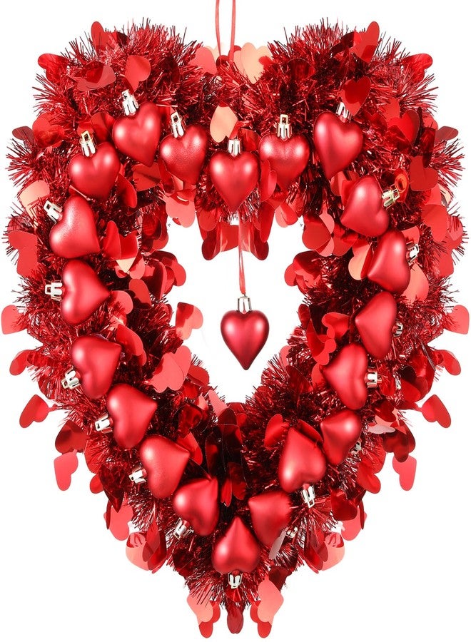 Hotop Valentines Wreath for Front Door Valentines Heart Shaped Tinsel Garland Hanging Heart Wreath Decor for Home Birthday Wedding Party Decoration Supplies(Red) - Image 1