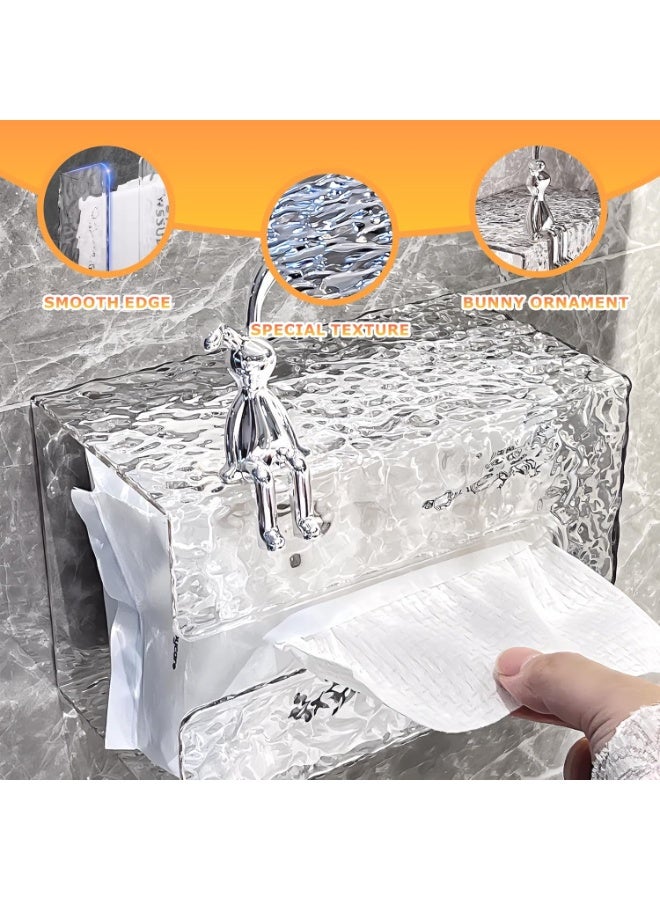 KCDMBUE 2 PCS Wall-Mounted Acrylic Tissue Boxes with Crystal Glacier Texture, Waterproof No Drill Napkin Holders with Bunny Decor for Bathroom, Kitchen, Vanity - Image 2