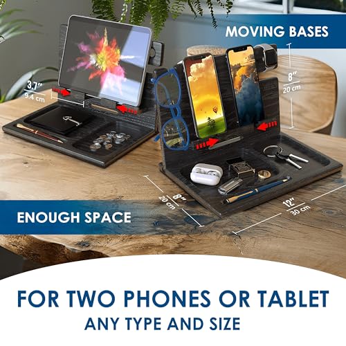 BarvA Two Phone Docking Station | Night Stand Desk Organizer | Wood Nightstand Organizer | Tablet Smart Watch Earbuds Charging Station | Upgraded Dresser Phone Stand | Bed Room Decor Gifts for Men - Image 3