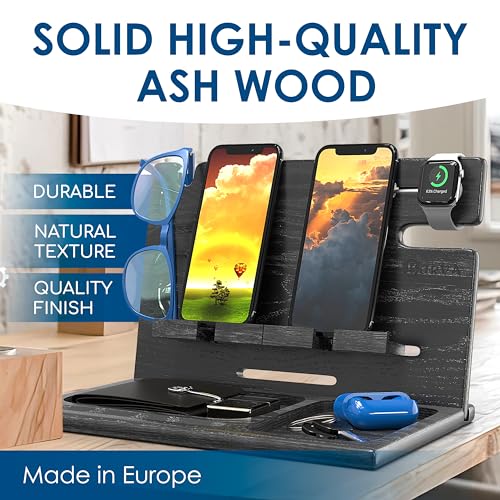 BarvA Two Phone Docking Station | Night Stand Desk Organizer | Wood Nightstand Organizer | Tablet Smart Watch Earbuds Charging Station | Upgraded Dresser Phone Stand | Bed Room Decor Gifts for Men - Image 2