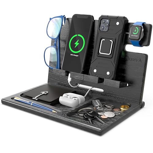BarvA Two Phone Docking Station | Night Stand Desk Organizer | Wood Nightstand Organizer | Tablet Smart Watch Earbuds Charging Station | Upgraded Dresser Phone Stand | Bed Room Decor Gifts for Men - Image 1