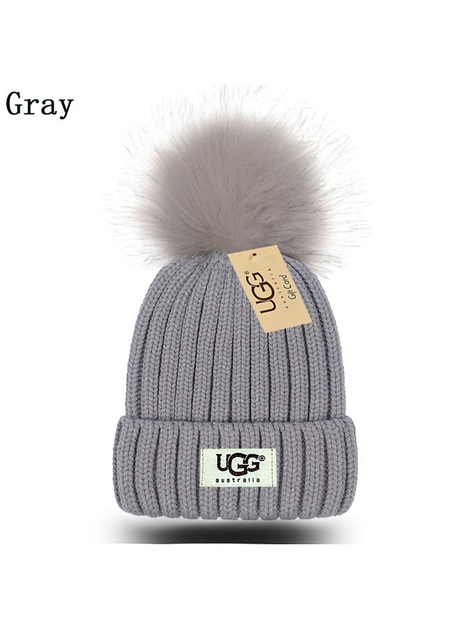UGG Trendy Gray Knit Pom-Pom Beanie - Plush Lined Winter Warm Hat 606Size