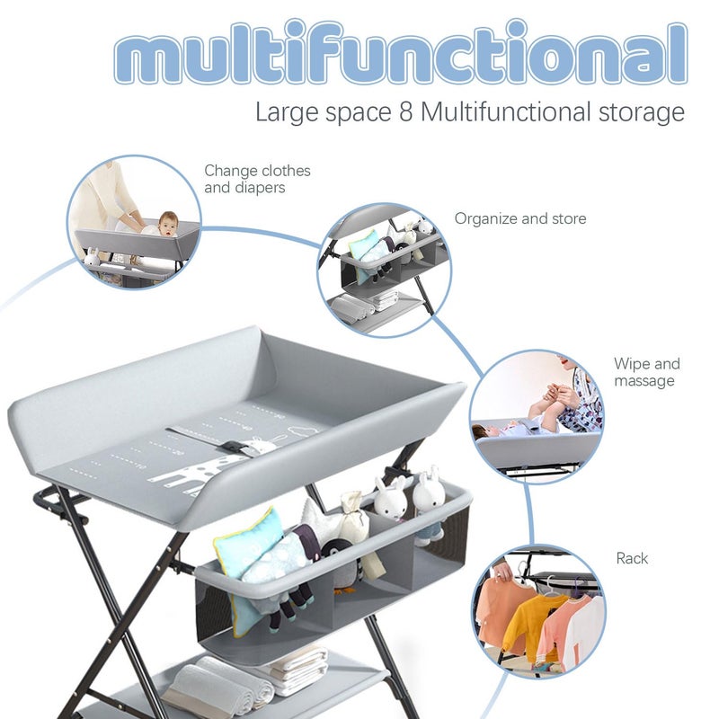 Occuwzz Baby Changing Table, Infant Diaper Changing Station with Wheels, Foldable Nursery Changing Table Bath Mat and Storage, Adjustable Height Newborn Massage Tables Diaper Organizer (Grey) - Image 2