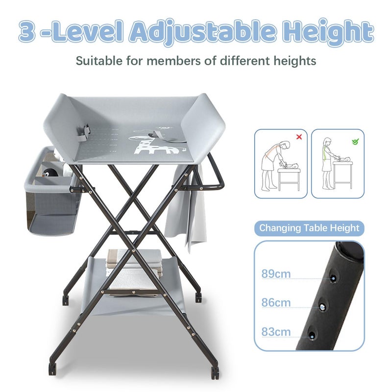 Occuwzz Baby Changing Table, Infant Diaper Changing Station with Wheels, Foldable Nursery Changing Table Bath Mat and Storage, Adjustable Height Newborn Massage Tables Diaper Organizer (Grey) - Image 4