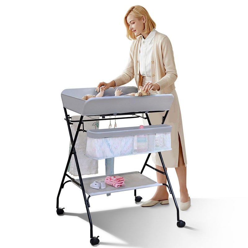 Occuwzz Baby Changing Table, Infant Diaper Changing Station with Wheels, Foldable Nursery Changing Table Bath Mat and Storage, Adjustable Height Newborn Massage Tables Diaper Organizer (Grey) - Image 1