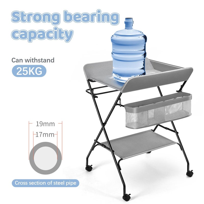 Occuwzz Baby Changing Table, Infant Diaper Changing Station with Wheels, Foldable Nursery Changing Table Bath Mat and Storage, Adjustable Height Newborn Massage Tables Diaper Organizer (Grey) - Image 3