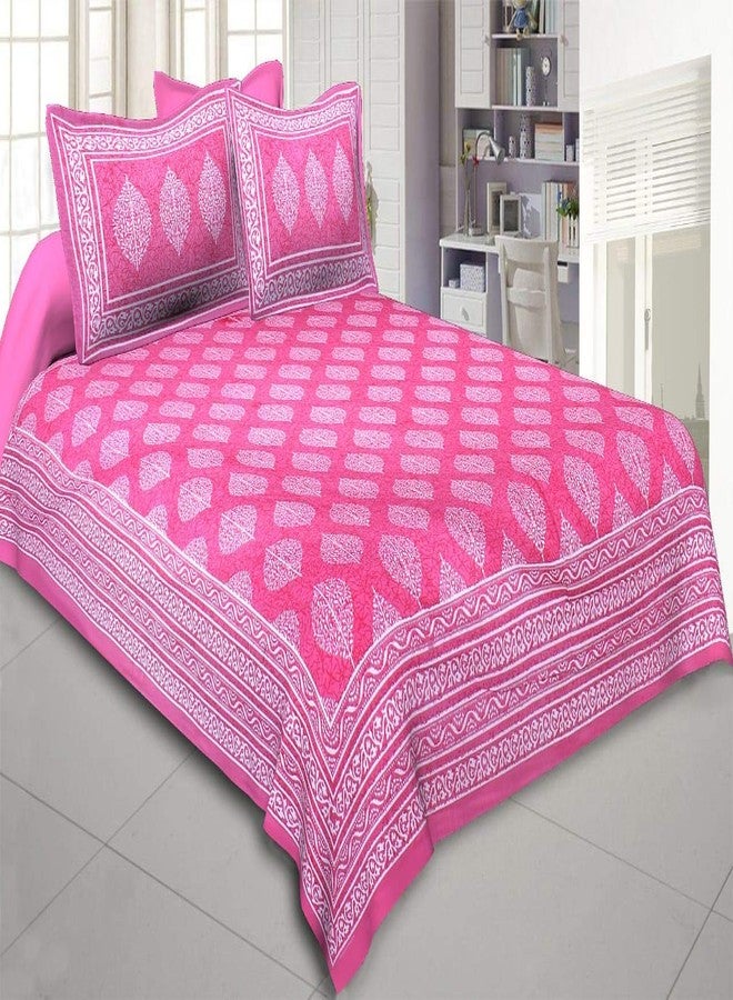 ART WORLD Queen Size Double Bed Sheet with Pillow Covers Pure Cotton Jaipuri Traditional Printed Bedcover (Pink) - Image 1