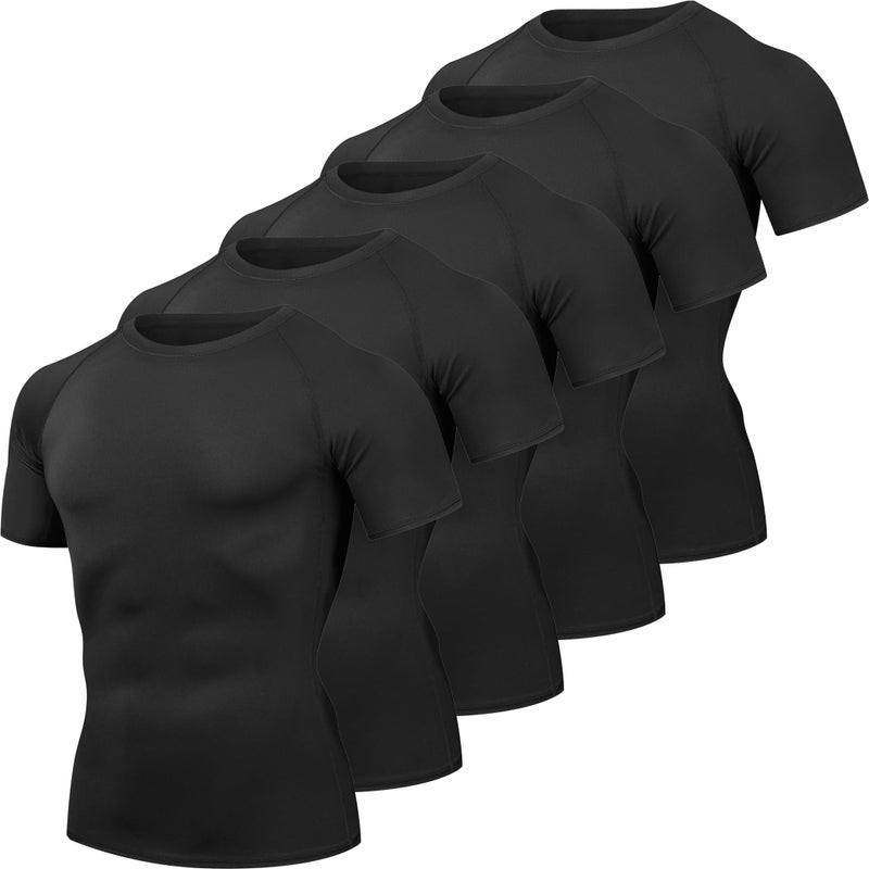 HovSiyla 5 Pack Men's Compression Shirts Cool Dry Short Sleeve Baselayer Athletic Workout T Shirts Black-XL - Image 1