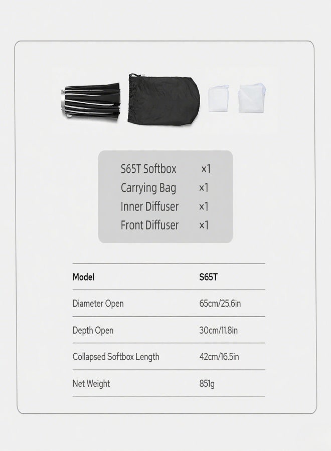 Godox S65T 65cm/25.6in Quick Release Umbrella Softbox Professional Foldable Softbox with Standard Bowen Mount& Diffusers for Photography Studio Photography Portrait Live Stream - Image 5