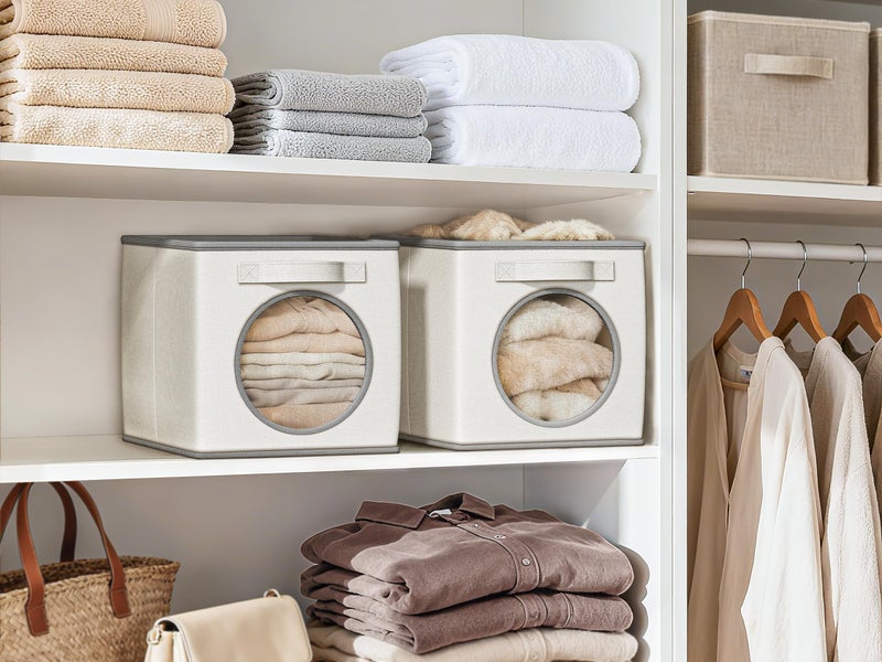 Vailando Foldable Fabric Storage Bins with Round Window - 4 Pack 11"x11"x11" Collapsible Cube Storage Organizer for Clothes, Shelves, Offices, Toys & Misc, White & Ivory - Image 3