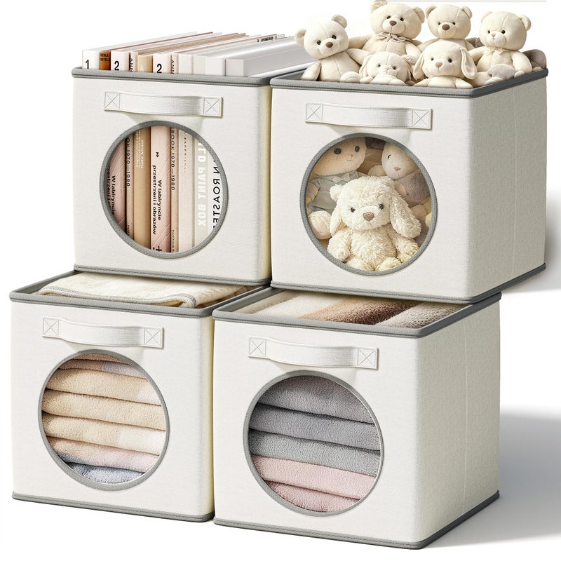 Vailando Foldable Fabric Storage Bins with Round Window - 4 Pack 11"x11"x11" Collapsible Cube Storage Organizer for Clothes, Shelves, Offices, Toys & Misc, White & Ivory - Image 1