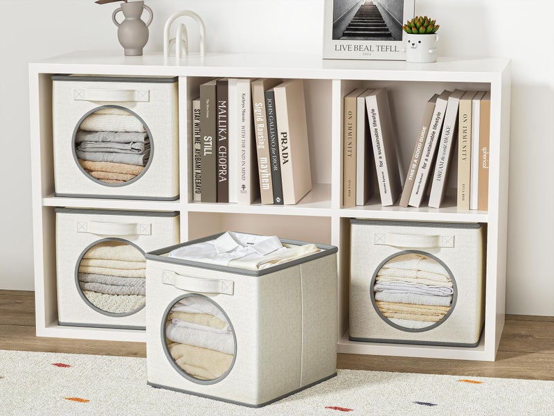 Vailando Foldable Fabric Storage Bins with Round Window - 4 Pack 11"x11"x11" Collapsible Cube Storage Organizer for Clothes, Shelves, Offices, Toys & Misc, White & Ivory - Image 2