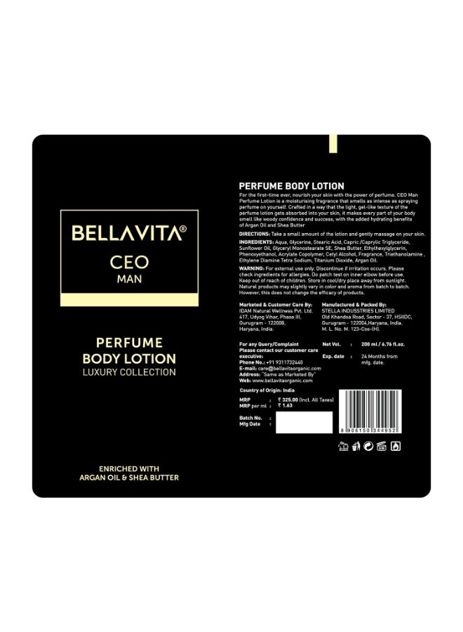Bella Vita Luxury Intense CEO Man Body Perfume Lotion for Nourishing, Hydrating, Soft, Supple & Healthy Skin with Argan Oil & Shea Butter 200 Ml - Image 2
