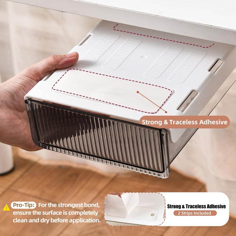 TooCust 2Pcs Under Desk Storage Drawers Slide Out,Large&Medium, Stick On Desk Drawer Organizer Hidden Under Table Drawer for Home Office School Organization and Storage-Transparent Black - Image 2